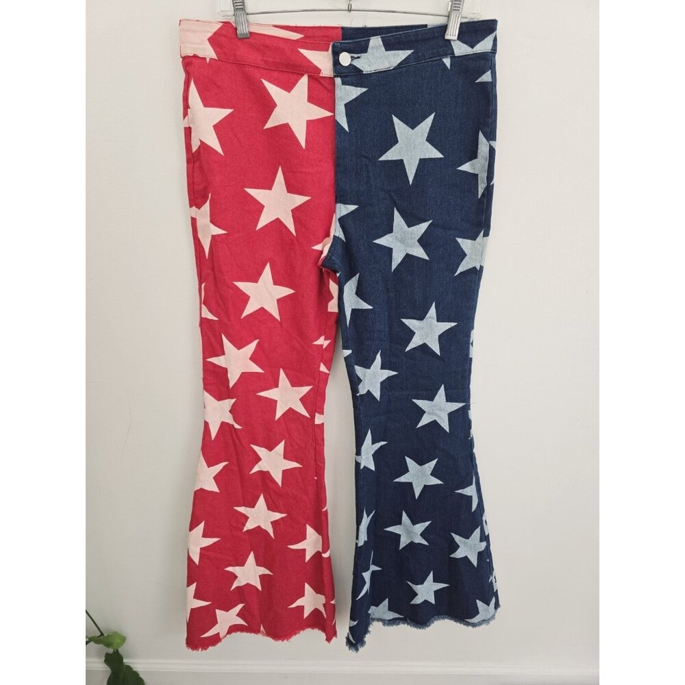 Bibi America Stars USA Bell Bottom Flared American Flag Red Blue Denim Jeans XL